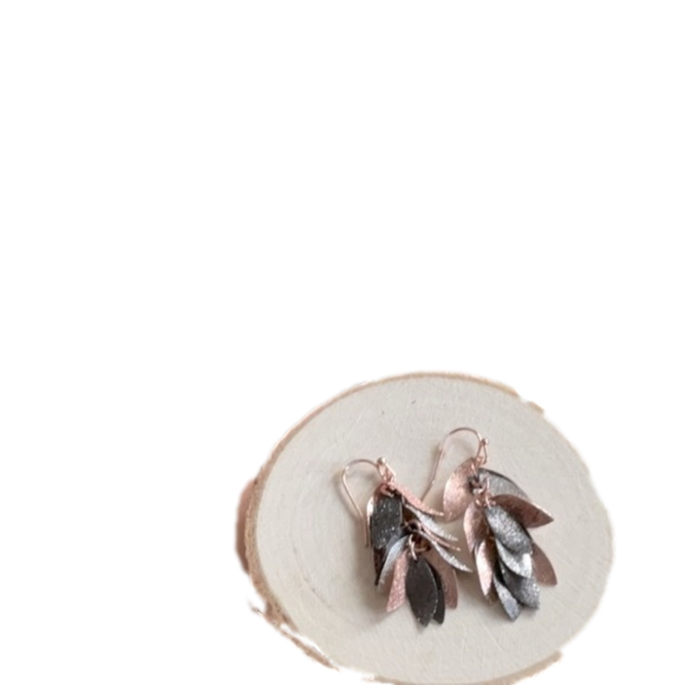 Vintage Dangle Earrings Leaf Tricolor Gold Silver Black